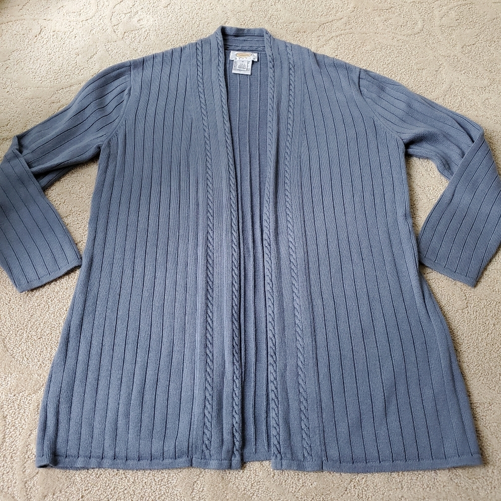 Talbots Petite Medium Ribbed Slate Blue Open Front Cardigan Rayon Cotton